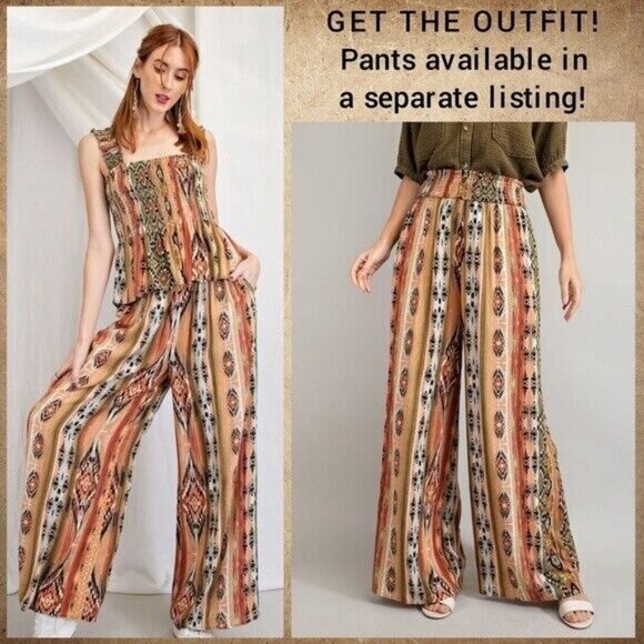 📌 EASEL Smocked Stretchy Sleeveless Bodice, Pleated Peplum Aztec Print Top - Picture 10 of 12